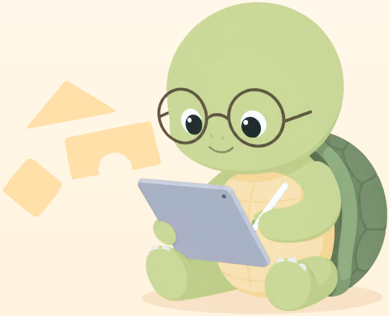 SlowKids turtle character studying on a tablet